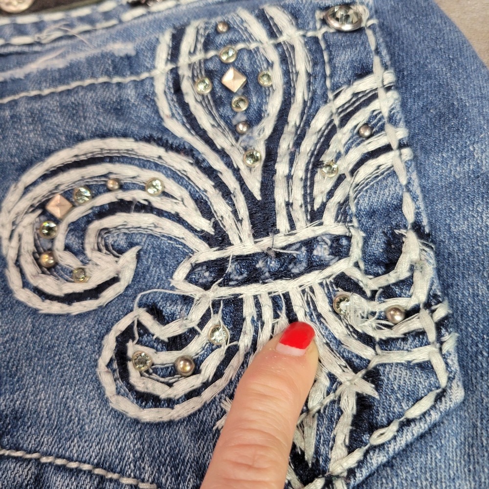 Miss Me Skinny Jeans JP5109SK-2 Blue Fleur De Lis Embellished Low Rise Womens 25 - Picture 10 of 11
